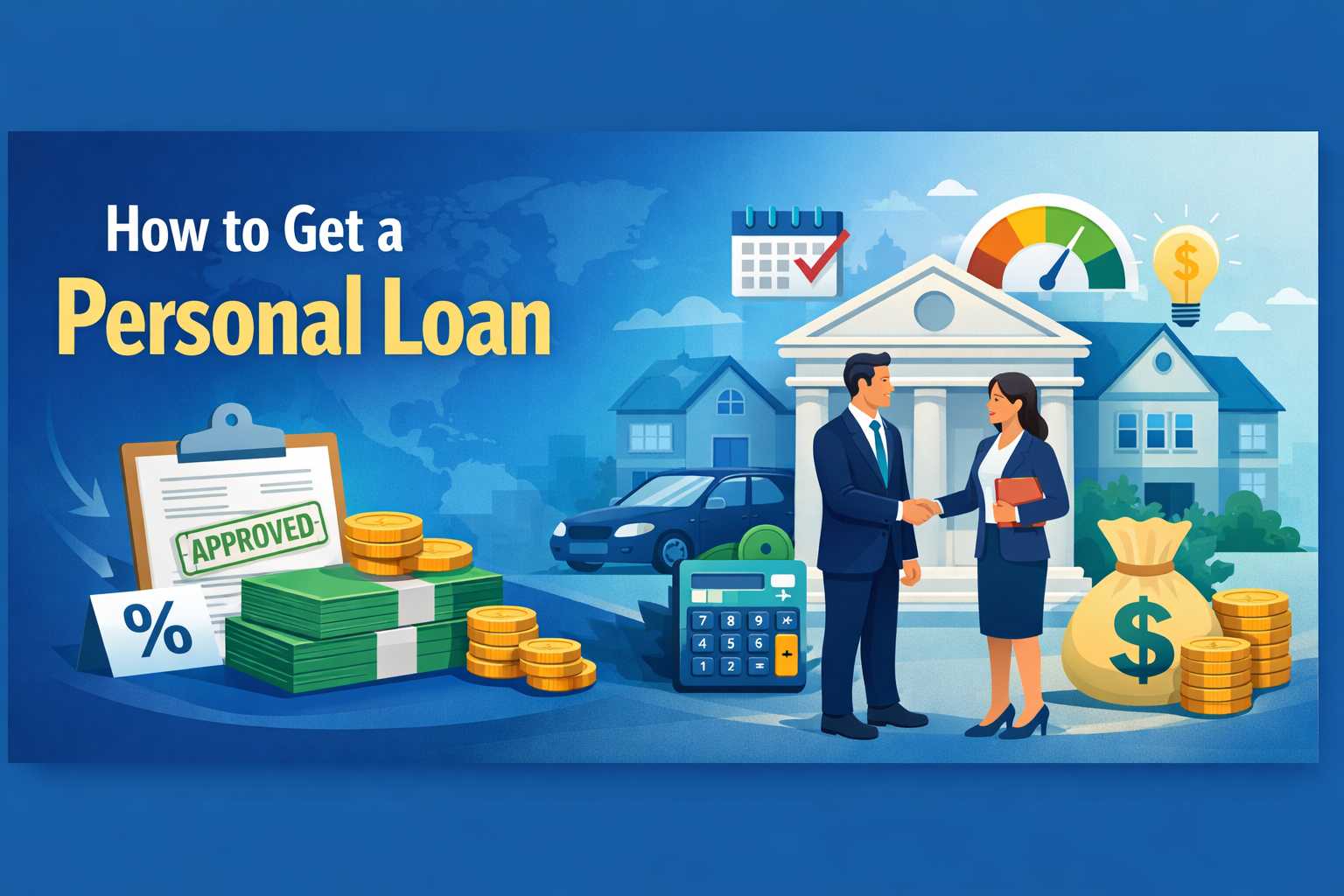 How to Get a Personal Loan concept image with approved document, bank building, cash stacks, calculator, interest rate icon, and loan approval handshake illustration.