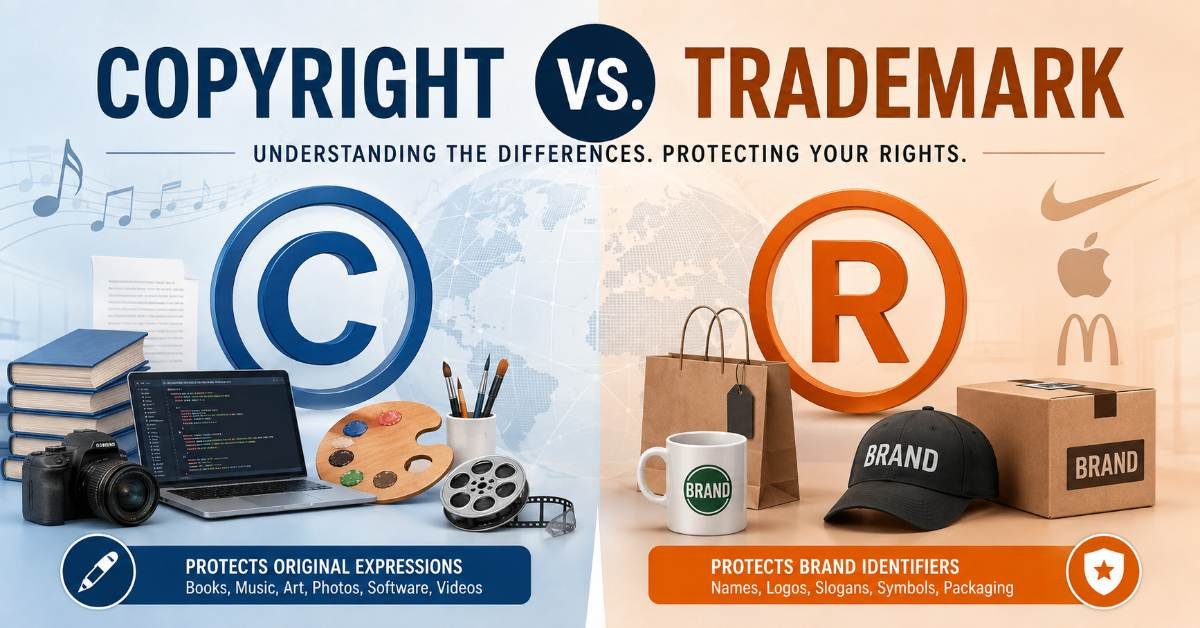 Copyright vs trademark comparison showing creative works and brand identifiers
