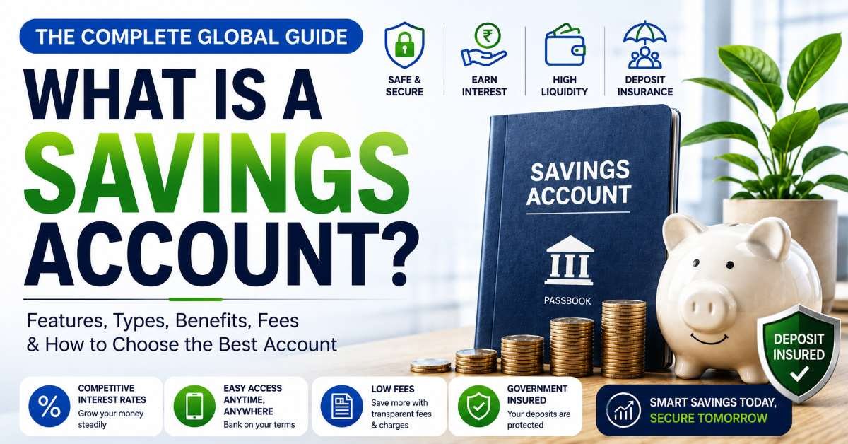 What is a savings account complete global guide showing savings account, piggy bank, coins, interest, liquidity and deposit insurance
