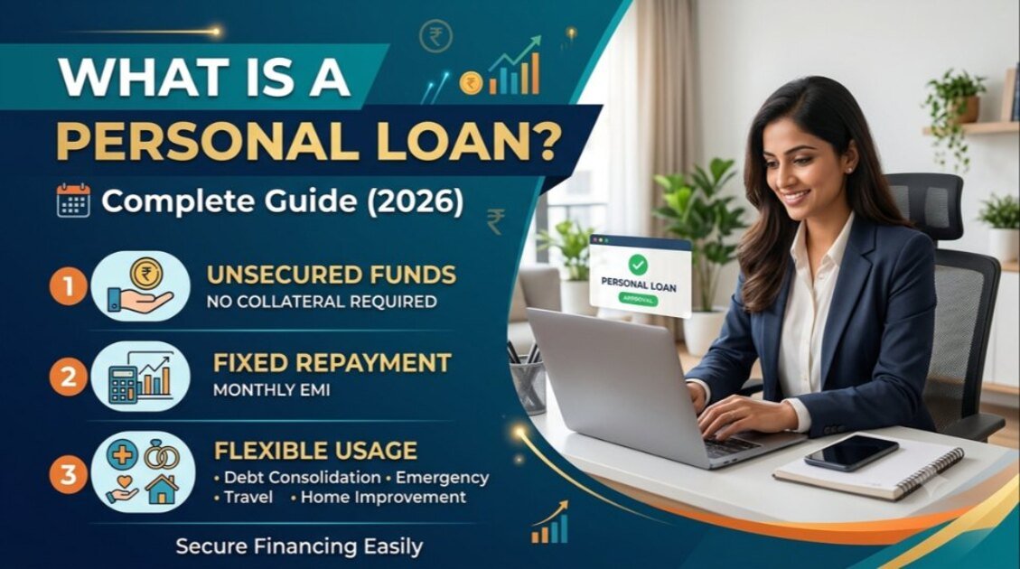 What Is a Personal Loan comprehensive guide banner with financial icons showing loan approval, low interest rates, and debt consolidation